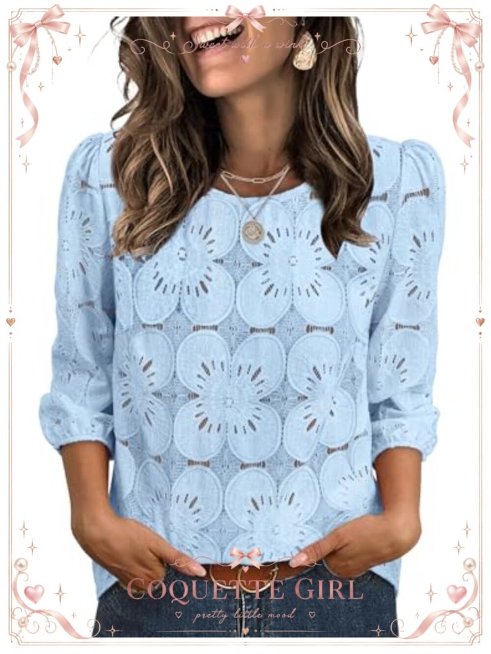 Lace Eyelet Blouse with 3/4 Puff Sleeves Dressy Casual Round Neck Top